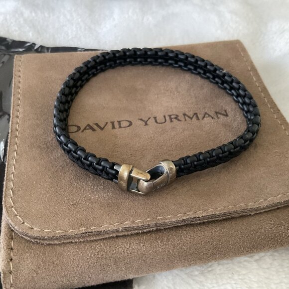 David Yurman Sterling Silver Woven Box Chain Bracelet with Black Nylon 10mm